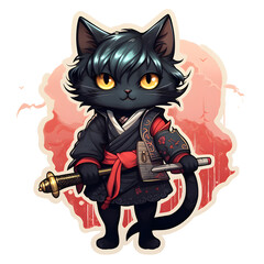  Illustration of Fantasy Anime Cat Warrior with Katana in Traditional Attire