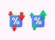 Icon percent with arrow. Market analysis, investment or interest rate. Interest low price 3d percent discount vector icon. Percentage with arrow up and down. 3D Web Vector Illustrations.