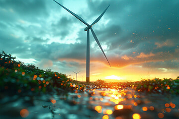 Wall Mural - Wind farm field and sunset sky. 