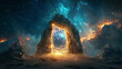 Mysterious stone archway radiating otherworldly energy, offering a gateway to alternate realms under a celestial night sky.