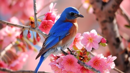 Wall Mural - Mesmerizing Image of a Bluebird Perched on a Blossoming Branch, Its Vibrant Feathers Standing Out Against the Soft Floral Background.


