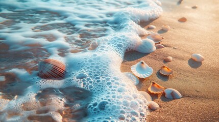Sticker - seashell-strewn shoreline, with gentle waves lapping against the sand and a pair of flip-flops half-buried in the soft, sun-warmed grains.