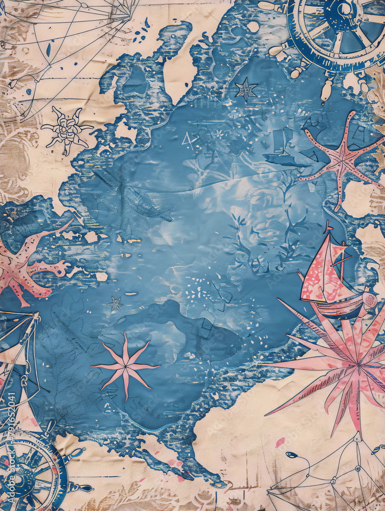 View of Blue and pink world map with a vintage and retro style conveys a sense ...