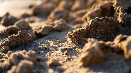 Macro Shot Capturing the Rough and Grainy Texture of Sand, Each Granule Highlighted with Precision and Clarity.
