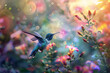 A hummingbird hovers near a flower in a garden with a painterly and surreal style, evoking a sense of wonder and fascination