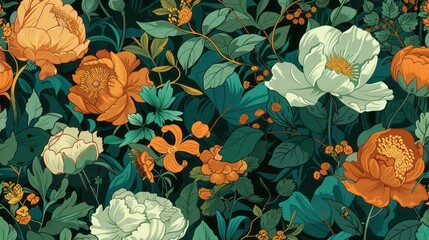 Art nouveau flowers background in teal orange colors