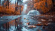 A transparent umbrella with water droplets sits in a puddle on a road, creating a naturally abstract and blurred autumn background, symbolizing the rainy season