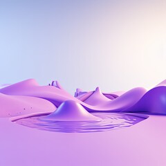 Wall Mural - 3d render, cartoon illustration of violet hills with water in the background, simple minimalistic style, low detail copy space for photo text or product, blank