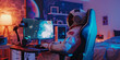 Witness the intersection of space and technology as an astronaut operates a computer in his bedroom. AI generative enhancements amplify the cosmic experience.