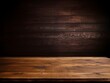 Abstract background with a dark brown wall and wooden table top for product presentation, wood floor, minimal concept, low key studio shot