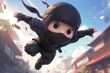 Ninja warrior in cute cartoon style, action pose black outfit