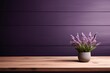 Abstract background with a dark lavender wall and wooden table top for product presentation, wood floor, minimal concept, low key studio shot