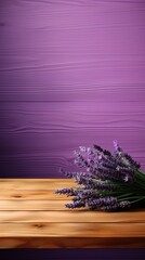 Wall Mural - Abstract background with a dark lavender wall and wooden table top for product presentation, wood floor, minimal concept, low key studio shot