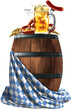 Food and drink promotional elements for the traditional Oktoberfest beer festival. Beer mug, sausage and pretzel on a wooden barrel. Very detailed illustration.