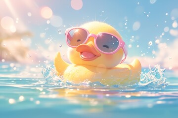 Wall Mural - rubber duck with pink sunglasses, swimming in the pool against a colorful background on a bright, sunny day