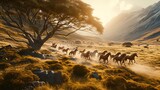 Group of Wild Horses Galloping Across a Sunlit Meadow, a Dynamic Display of Power and Grace in the Natural World.




