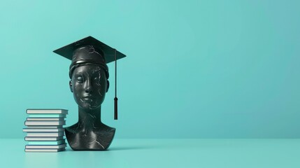Poster - black marble sculpture female head in graduation cap with tassel and stack books on pastel blue background
