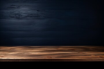 Wall Mural - Abstract background with a dark navy blue wall and wooden table top for product presentation, wood floor, minimal concept, low key studio shot