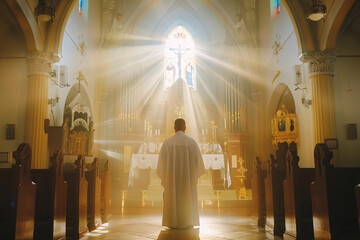 catholic priest in the bright church with sunlight