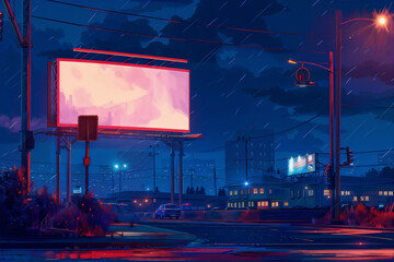 A lonely retrofuturism city street at night with a blank billboard in the foreground and a car passing by in the background, done in an anime style with a dark blue and light red color scheme.