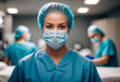 Portrait of a Beautiful Female Doctor or Surgeon Wearing Protective Face Mask and Disposable Surgical Cap on a operating room. AI generative