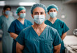 Portrait of a chief Surgeon Wearing Protective Face Mask and Disposable Surgical Cap leading his team on operating room. AI generative