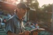© AI Dev Studio - A man standing in a stadium at sunset, holding a clipboard, implies strategic planning and game analysis