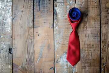 Wall Mural - A red necktie and blue tie displayed on a wooden floor. Suitable for fashion or business concepts