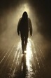 A person walking down a foggy street in the dark, AI