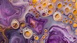 Purple and yellow soap bubbles dancing across the surface of a liquid paint medium, intertwining and blending to form a captivating abstract pattern that evokes a sense of creativity