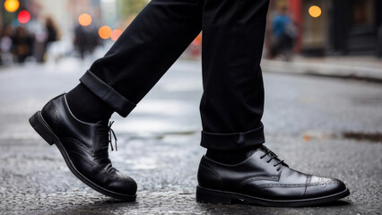 Wall Mural - photo of men's legs against the background of a city street. business district. brooks by costum. leather shoes