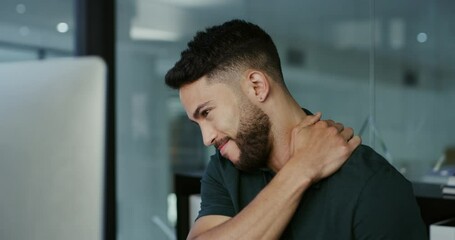 Aufkleber - Businessman, laptop and shoulder pain in office, stress and muscle strain with online research for work project. Person, computer and bad posture by pc in workplace and massage body for inflammation