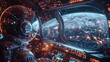 The pilot navigates the futuristic cockpit with transparent screens and neon lights, Generated by AI