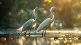 Fototapeta  - A pair of graceful herons wading through a shallow pond, their long legs and necks perfectly adapted for hunting in the summer heat