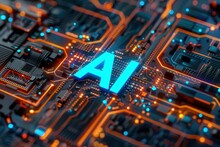 Eine Platine / Technisches Computerbauteil Mit Den Buchstaben AI In Leuchtender Neonfarbe In Der Mitte 