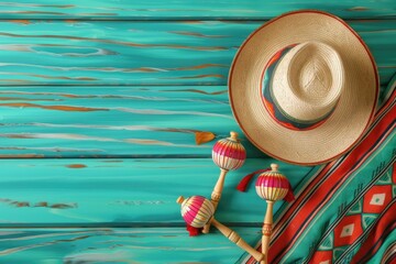 Colorful hat, maracas, and blanket on a rustic wooden table. Ideal for fiesta or cultural celebration themes