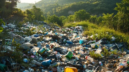 Wall Mural - A large pile of trash and bottles on a hillside, AI