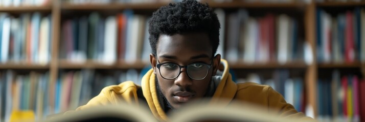 Wall Mural - An eager young man studying intently, surrounded by books in a library setting, implying dedication to learning