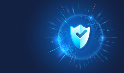 Poster - Data security system, information, or network protection. Cyber security and data protection. Shield icon, future technology for verification. Abstract high tech background.