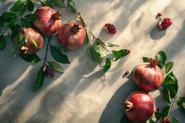 Wall Mural - Fresh pomegranates with green leaves and red berries, perfect for food or health-related projects