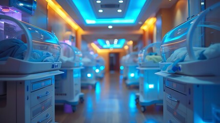 Neonatal unit with incubators and attentive nursing care, soft focus and warm tones