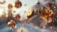 A Winter Wonderland Where Christmas Balls Dangle In The Air, Creating A Magical Spectacle Against A Dreamy, Out-of-focus Background,