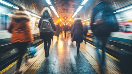 Wall Mural - A group of people walking down a subway platform with the train coming, AI