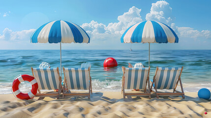 Two Beach Chairs and Two Umbrellas on the Beach