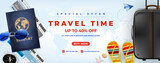 Fototapeta Do akwarium - Special offer travel banner with travel stuff