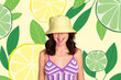 Composite photo collage of happy pretty woman wear panama anonym yellow lemon green lime detox soda diet isolated on painted background