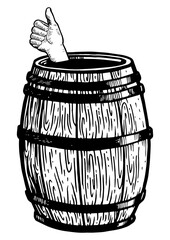 Wall Mural - Thumb up in wine barrel engraving PNG illustration. Scratch board style imitation. Black and white hand drawn image.