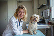 Smiling veterinarian with a happy small dog