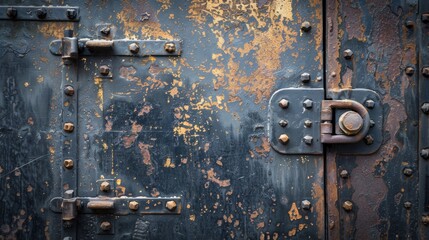 Poster - A close up of a rusty door with metal handles and bolts, AI