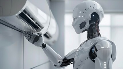 Fototapete - Advanced Humanoid Robot Interacting With Technology in Lab